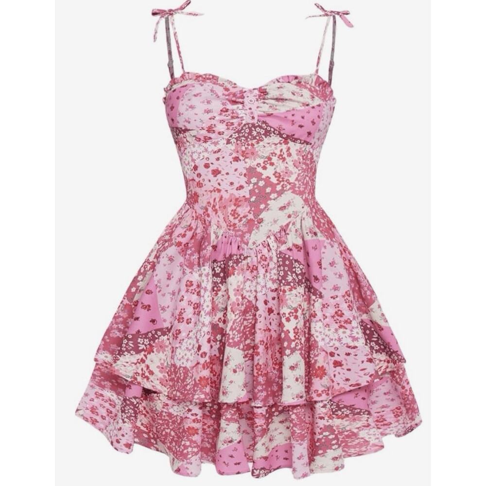 Floral Pink Ruffle Hem Bow Mini Dress Spaghetti Strap Cottagecore Coquette Boho